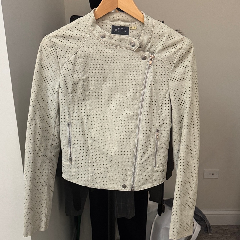 ASTR Women's Perforated Light Gray Leather Jacket